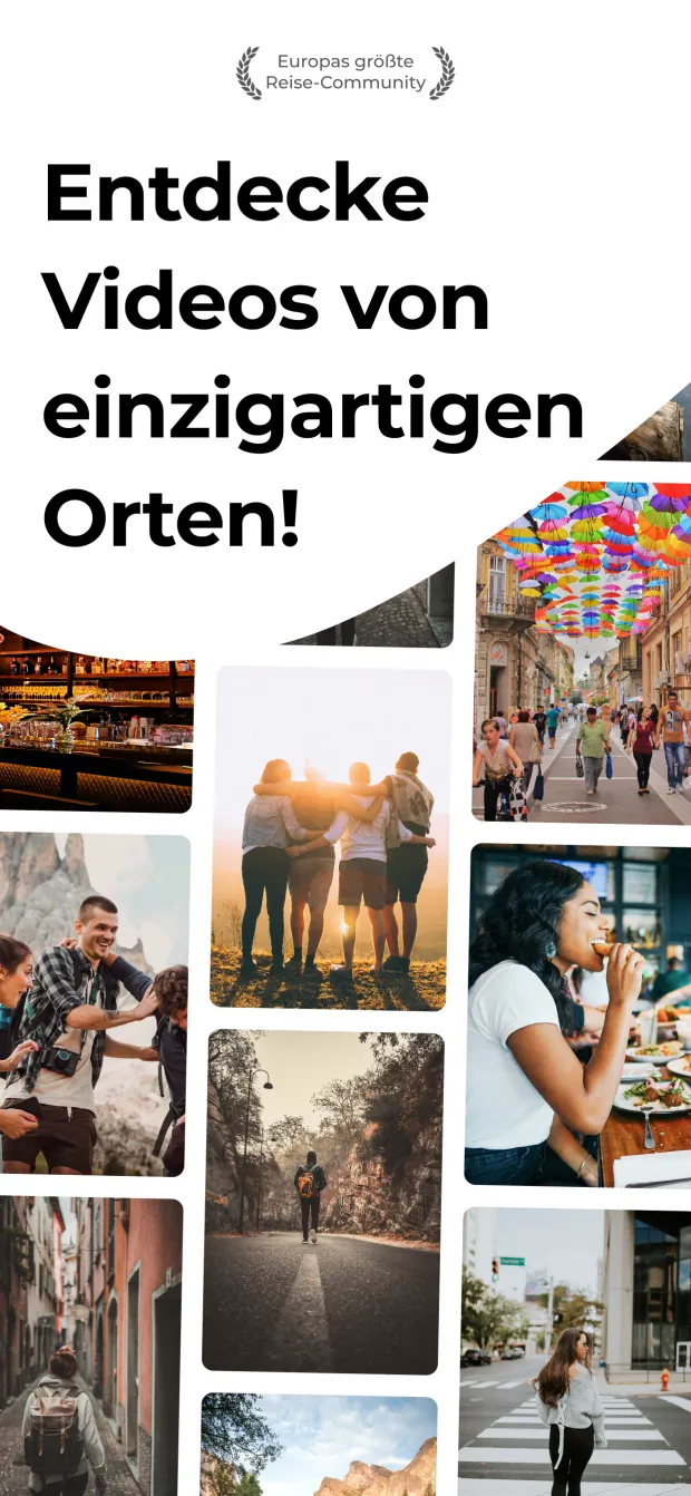 Entdecke Videos von einzigartigen Orten — Startbildschirm der Explo App mit dem Hinweis „Europas größte Reise-Community“